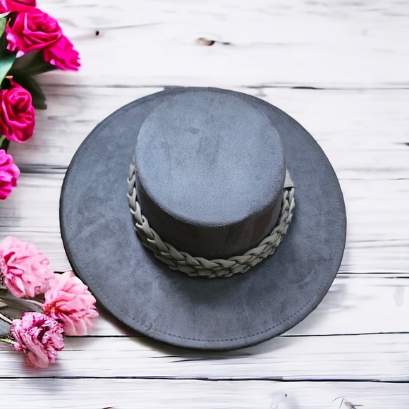 Chocolate Boho Chic Suede Hat with braided trim - Picture 2 of 6